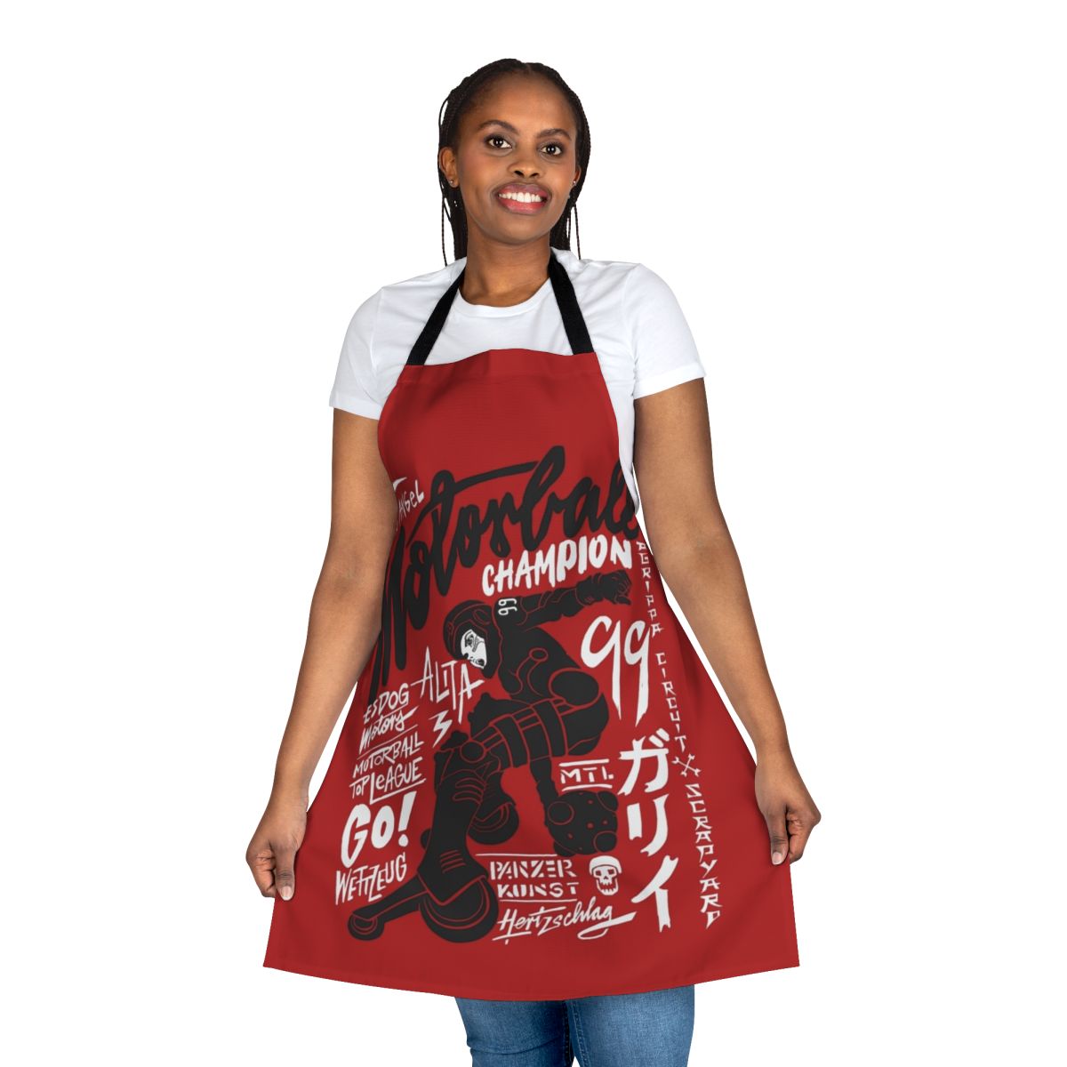 Motorball-inspired apron featuring Alita: Battle Angel design