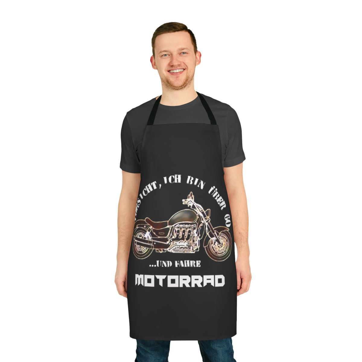 Motorcycle apron with vintage-inspired "Rocket 3" design and 60+ year old biker saying