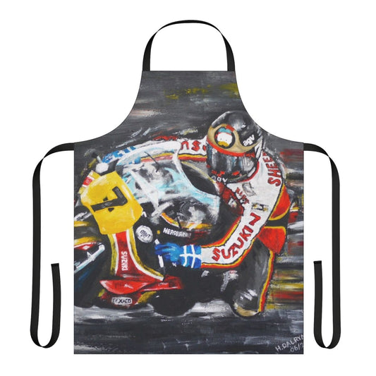 Apron featuring an oil painting design of legendary motorcycle racer Barry Sheene on a Suzuki bike