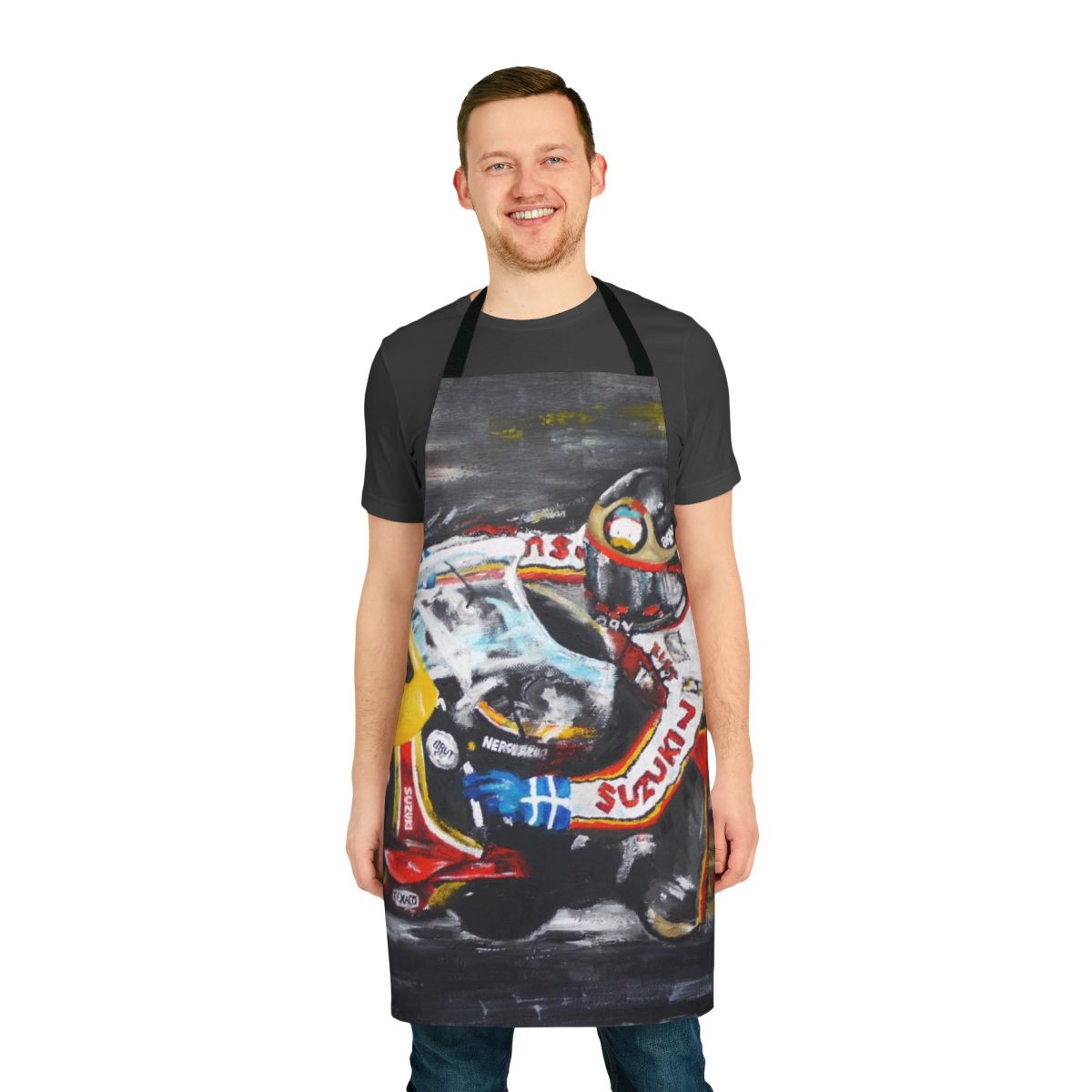 Apron featuring an oil painting design of legendary motorcycle racer Barry Sheene on a Suzuki bike