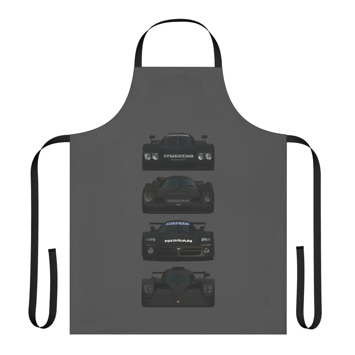 Black apron with gran turismo and racing car graphics for automotive enthusiasts