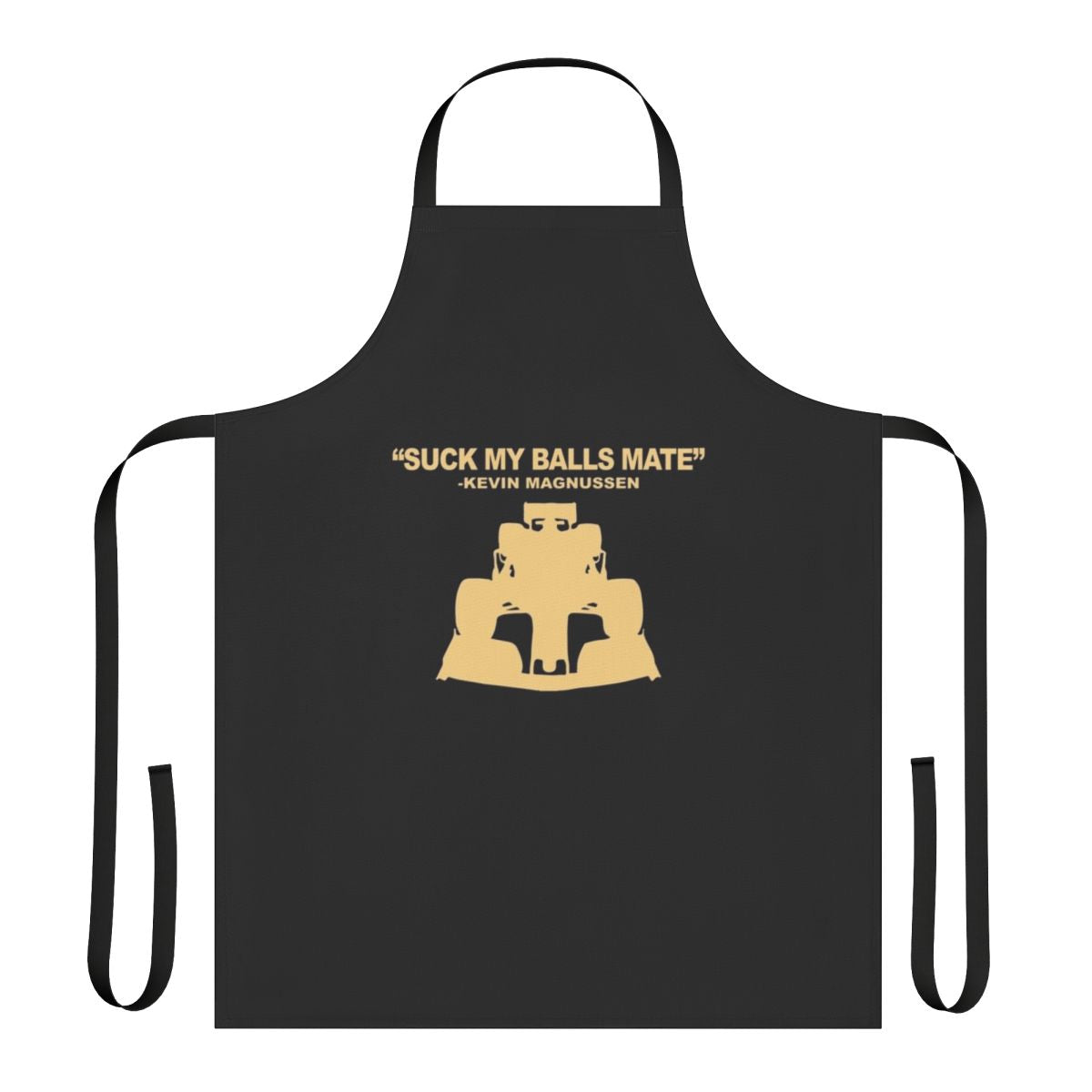 Motorsports enthusiast wearing an apron with "Suck My Balls Mate" text