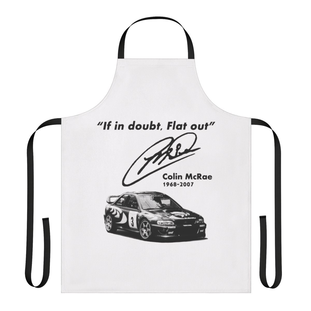 Subaru-themed apron with "If in Doubt, Flat Out" design