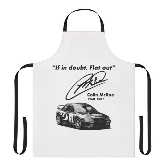Subaru-themed apron with "If in Doubt, Flat Out" design