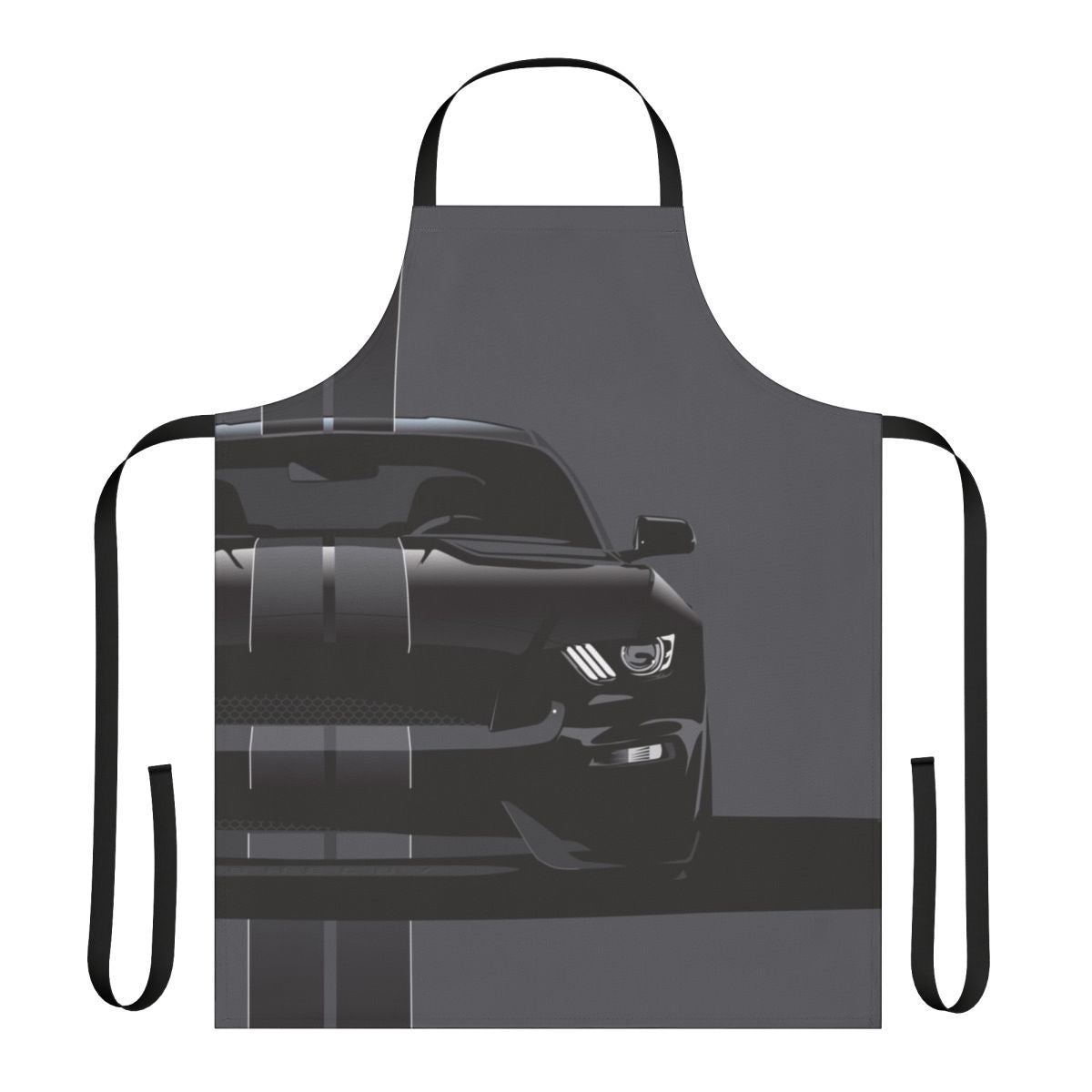 Black apron with racing stripes design, perfect for car enthusiasts and motorsports fans