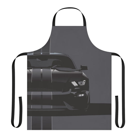 Black apron with racing stripes design, perfect for car enthusiasts and motorsports fans