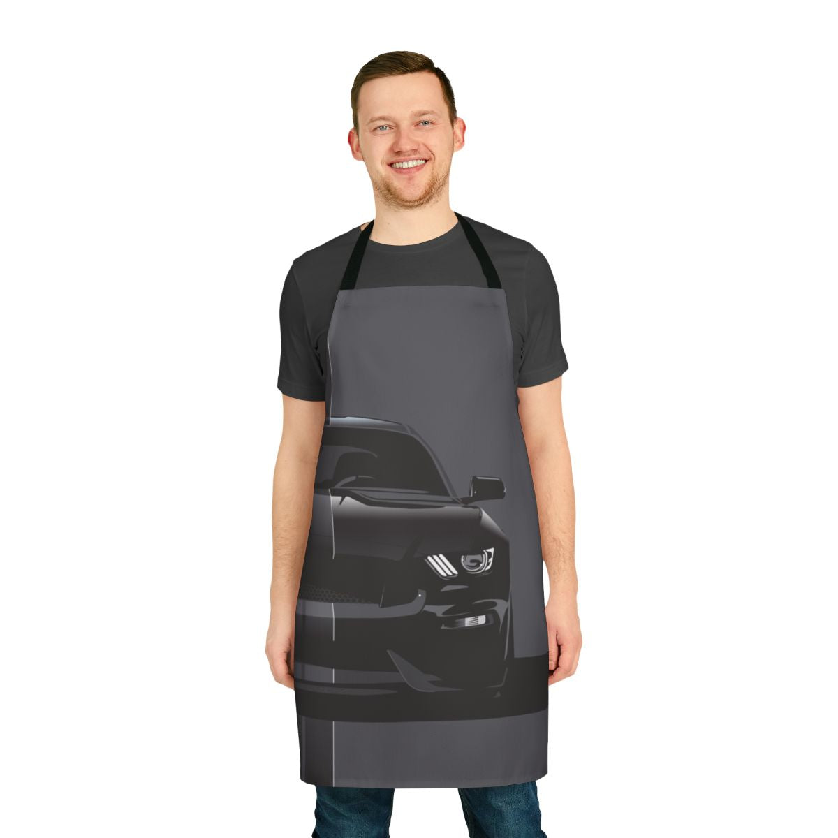 Black apron with racing stripes design, perfect for car enthusiasts and motorsports fans