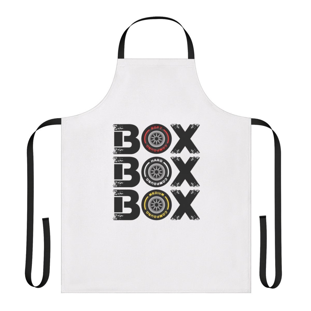 Motorsports-themed apron featuring a "Box Box Box" and racing tire compound design