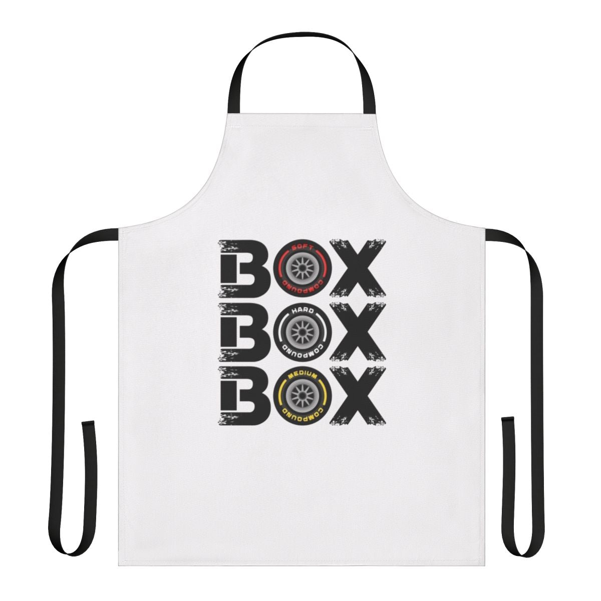 Motorsports-themed apron featuring a "Box Box Box" and racing tire compound design