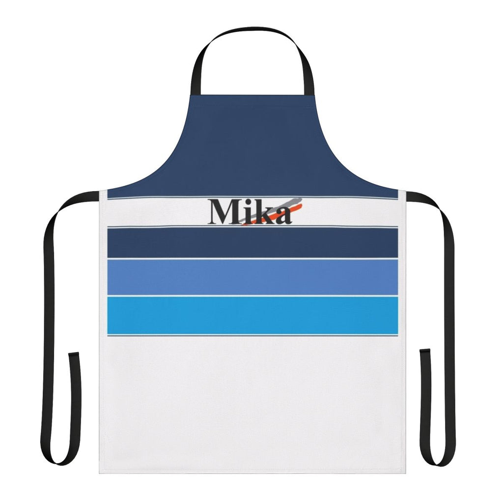 Motorsports themed kitchen apron featuring a graphic design inspired by Mika Hakkinen's Formula One racing helmet