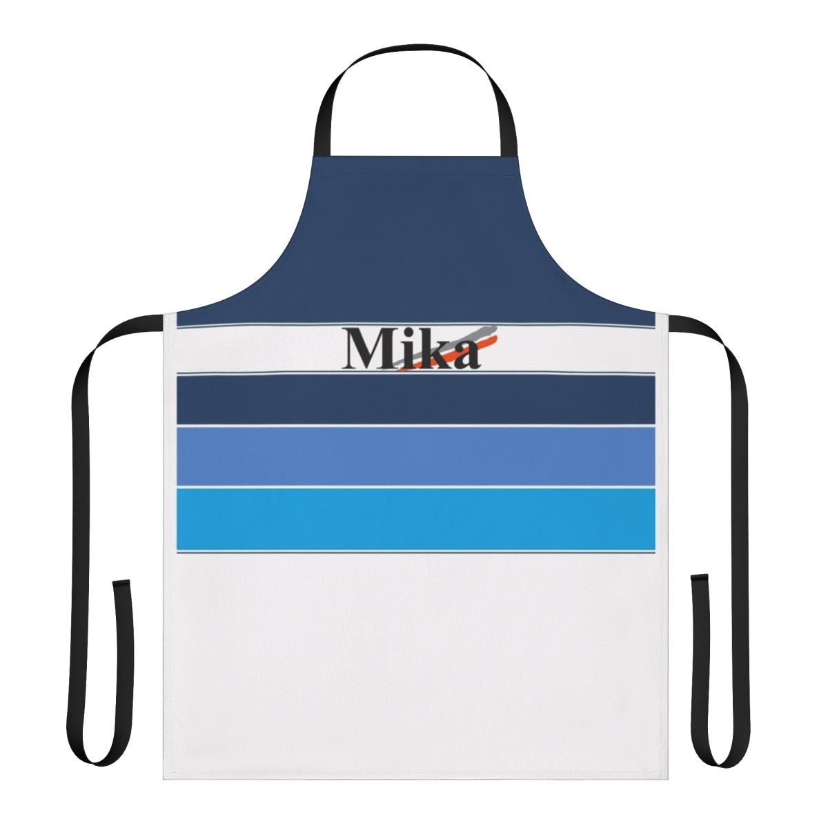 Motorsports themed kitchen apron featuring a graphic design inspired by Mika Hakkinen's Formula One racing helmet