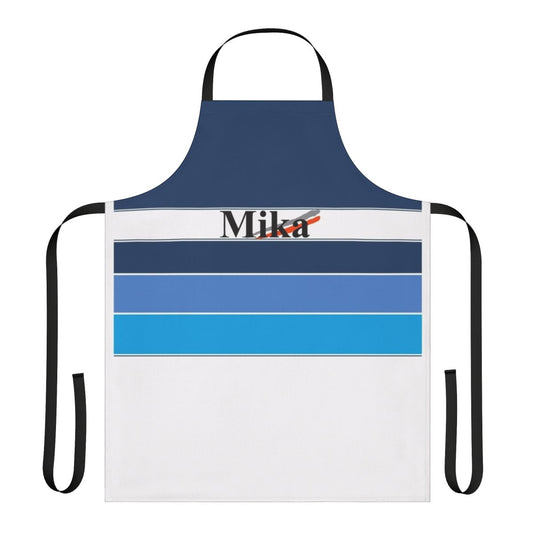 Motorsports themed kitchen apron featuring a graphic design inspired by Mika Hakkinen's Formula One racing helmet