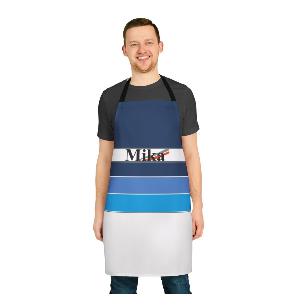 Motorsports themed kitchen apron featuring a graphic design inspired by Mika Hakkinen's Formula One racing helmet