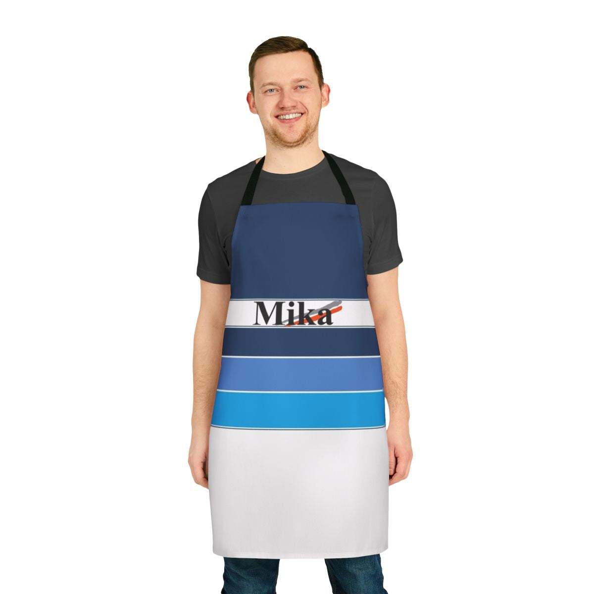 Motorsports themed kitchen apron featuring a graphic design inspired by Mika Hakkinen's Formula One racing helmet