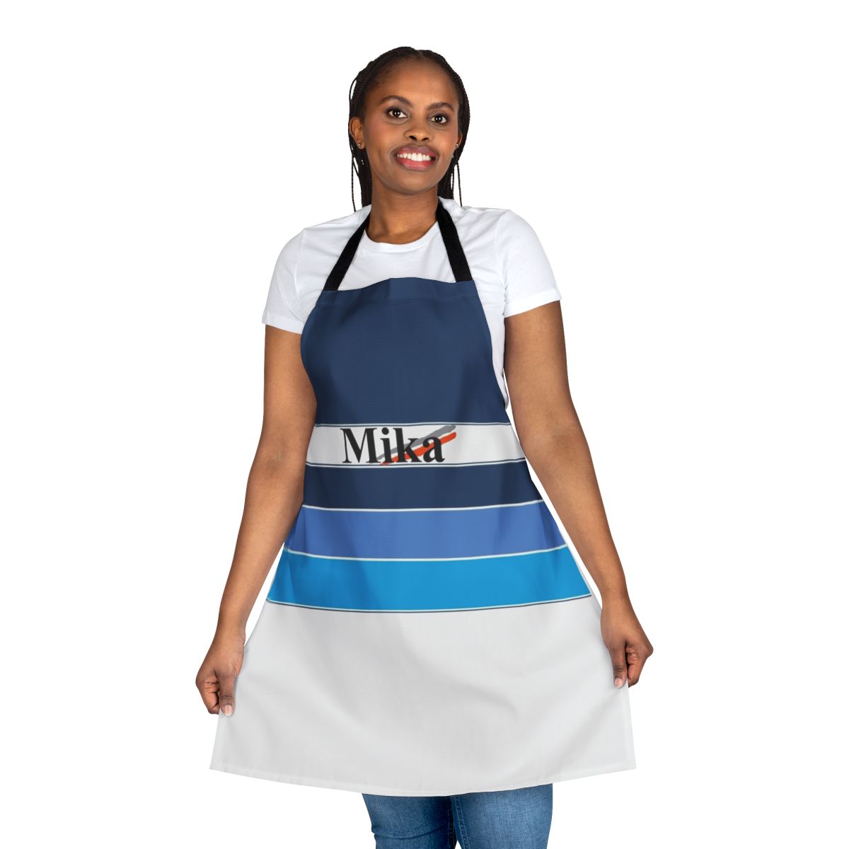 Motorsports themed kitchen apron featuring a graphic design inspired by Mika Hakkinen's Formula One racing helmet
