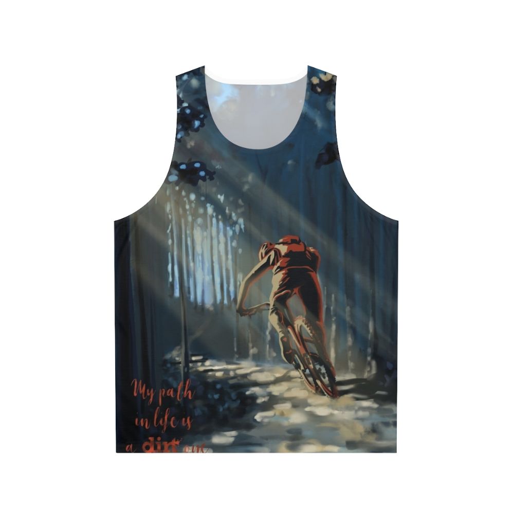 Mountain biking unisex tank top with forest landscape design