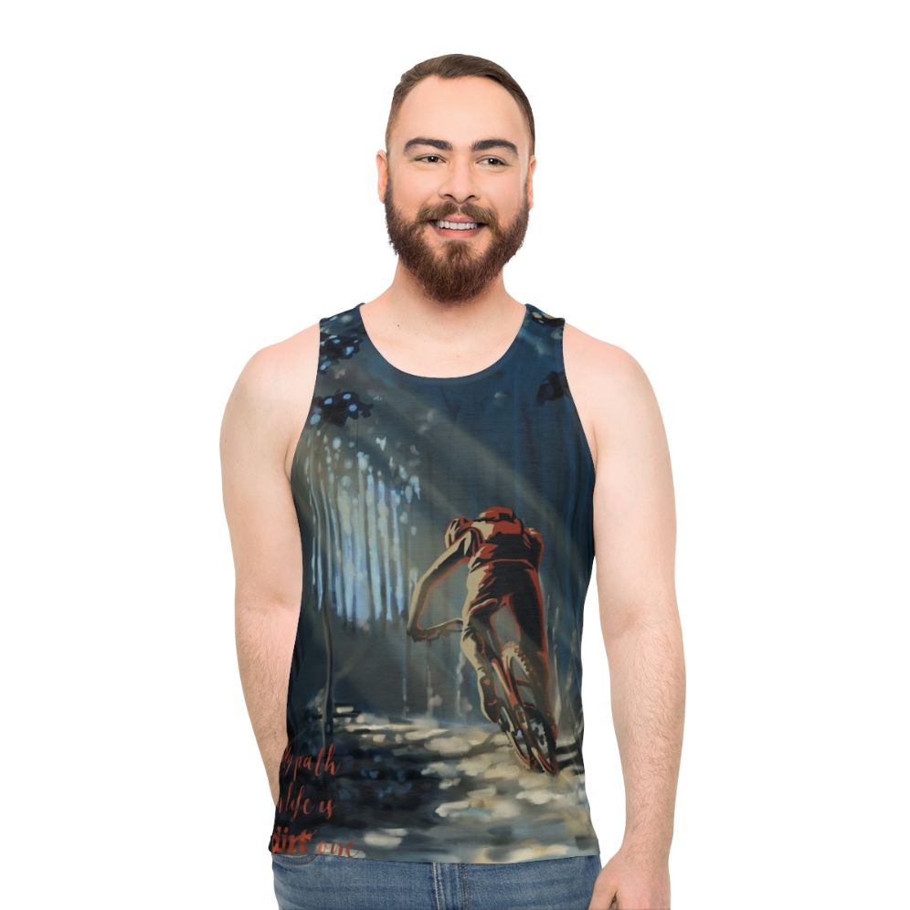 Mountain biking unisex tank top with forest landscape design