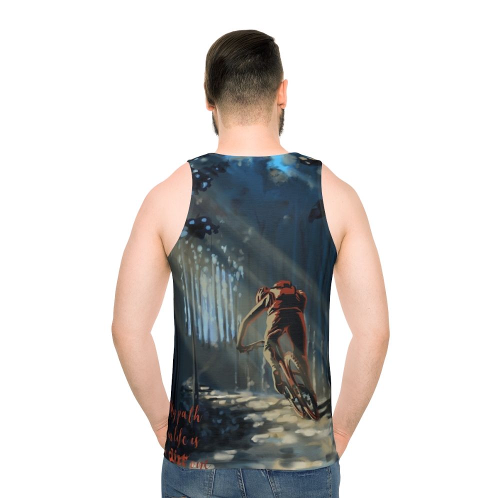 Mountain biking unisex tank top with forest landscape design