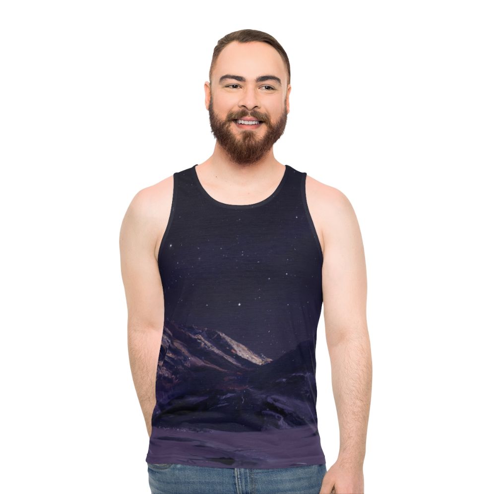Unisex tank top featuring a night sky and mountains design
