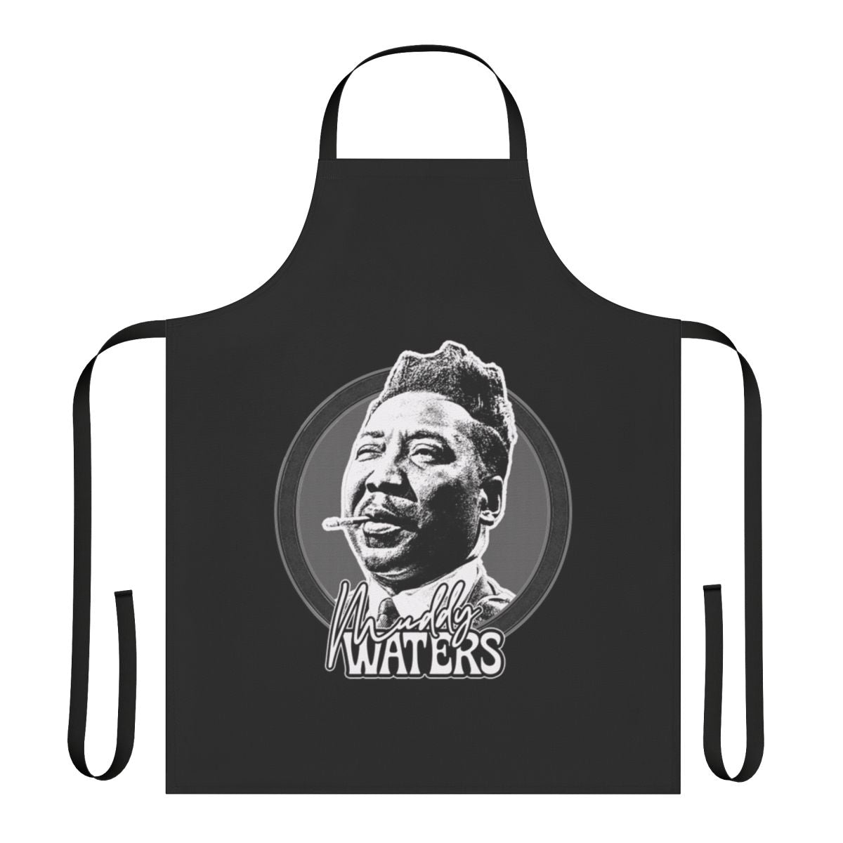 Muddy Waters inspired blues and jazz musician fan art design printed on a black apron for men
