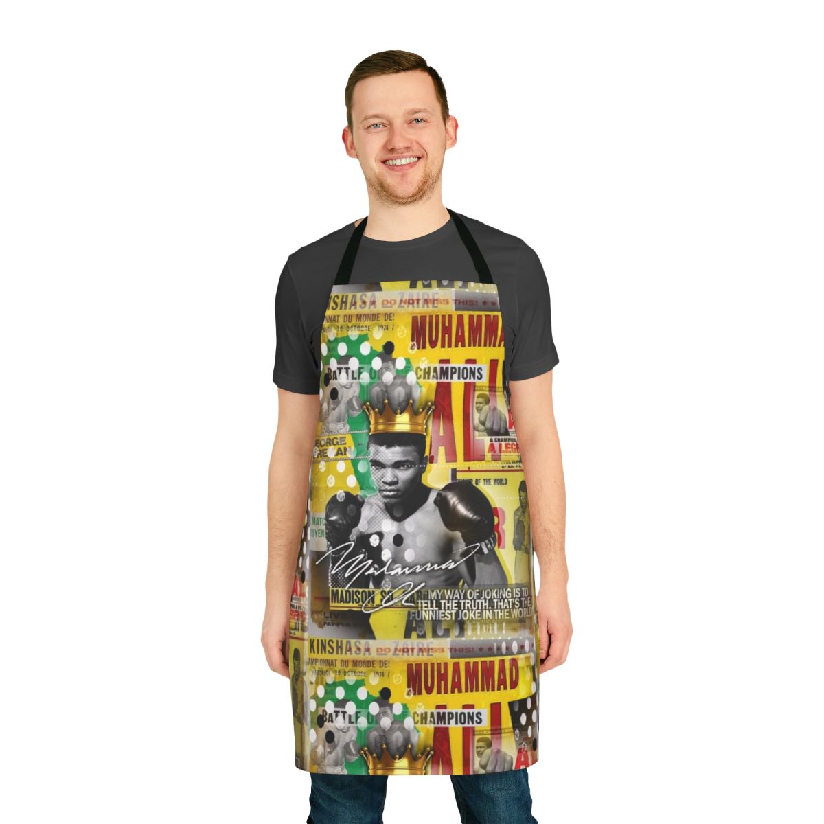 Heavyweight champion inspired kitchen apron featuring iconic boxing imagery