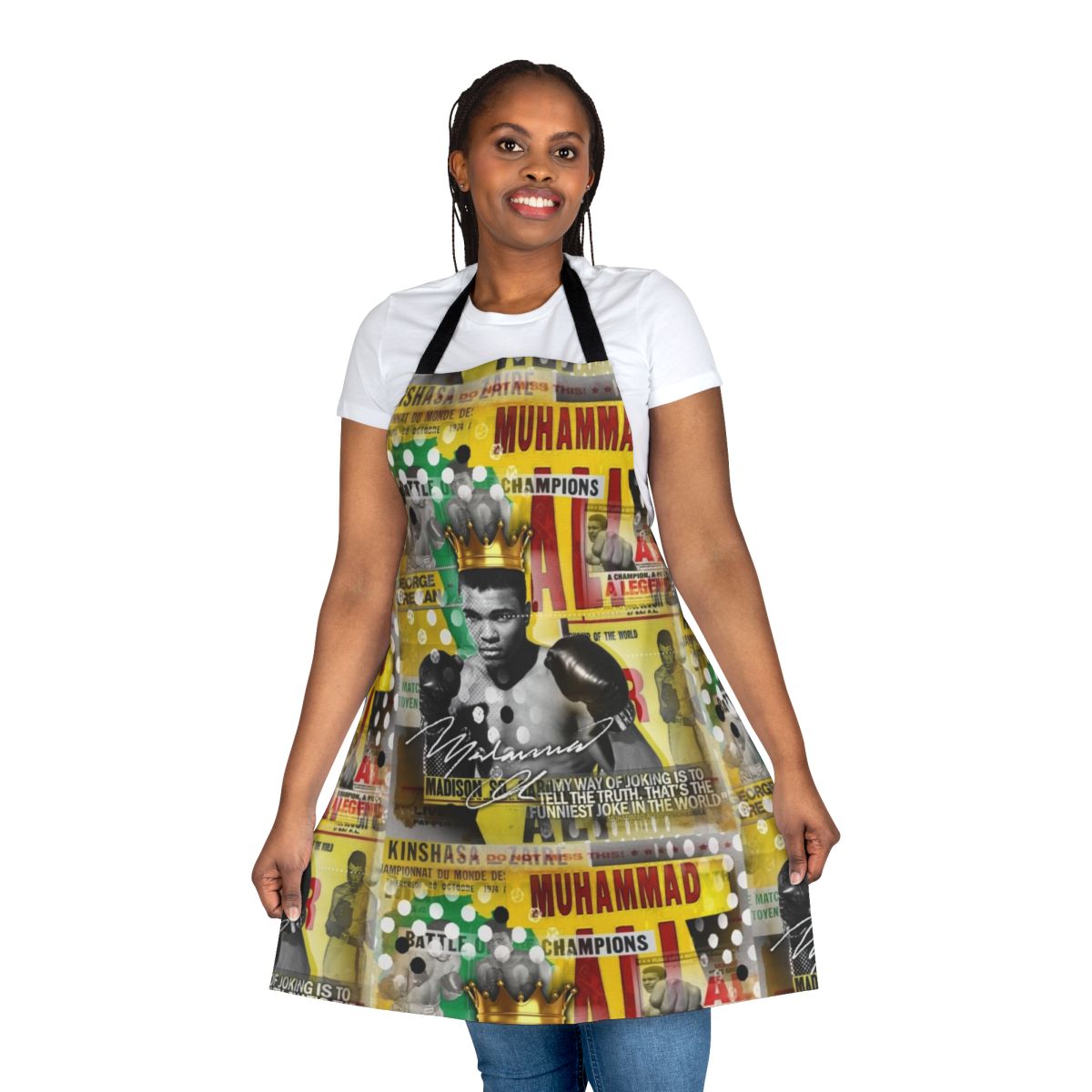 Heavyweight champion inspired kitchen apron featuring iconic boxing imagery