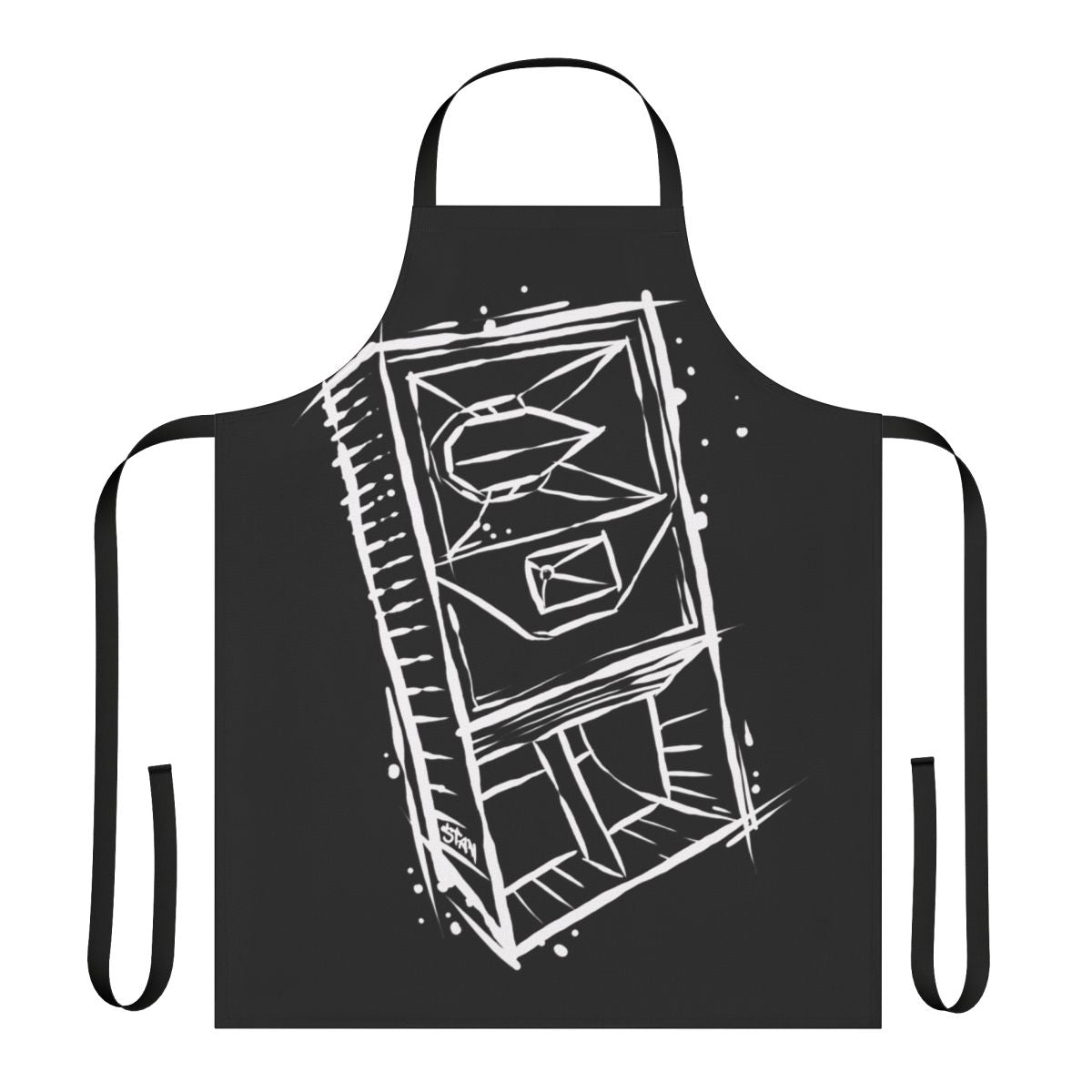 Person wearing an apron with a bass speaker design, perfect for rave and music festivals.