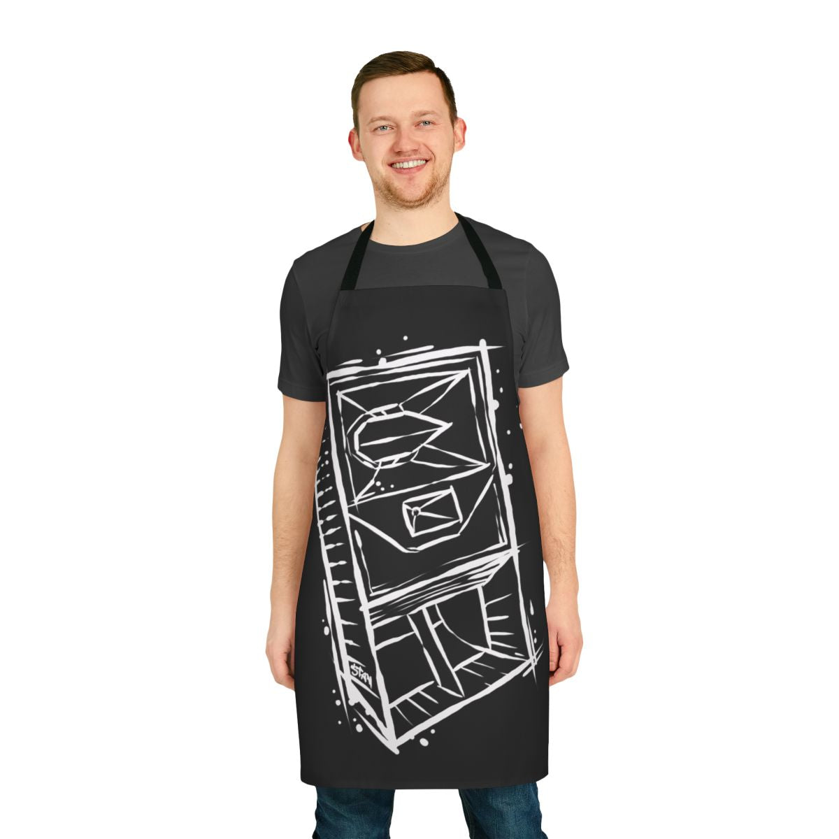 Person wearing an apron with a bass speaker design, perfect for rave and music festivals.