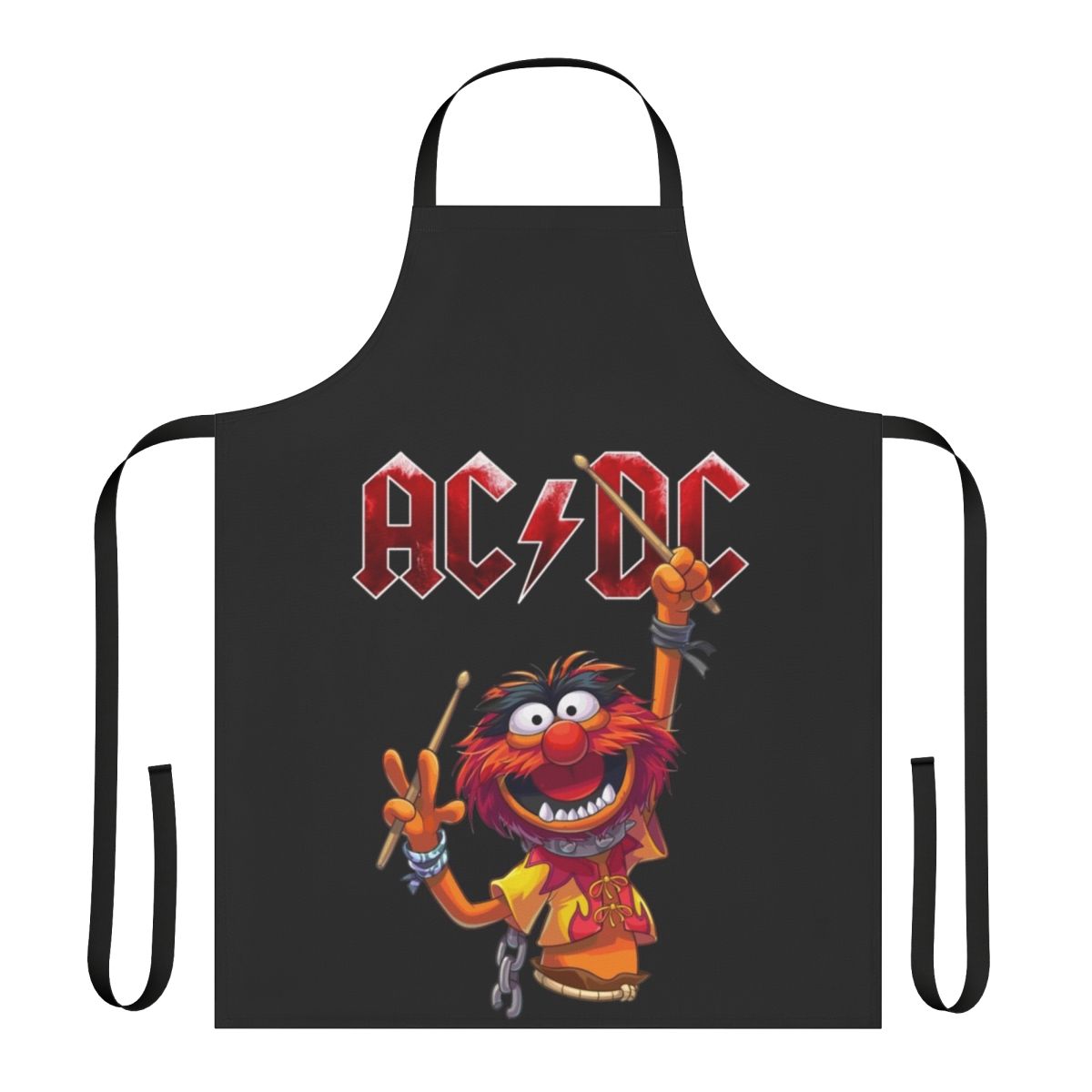 A vibrant and playful apron featuring the iconic Muppet character Animal as a drummer.