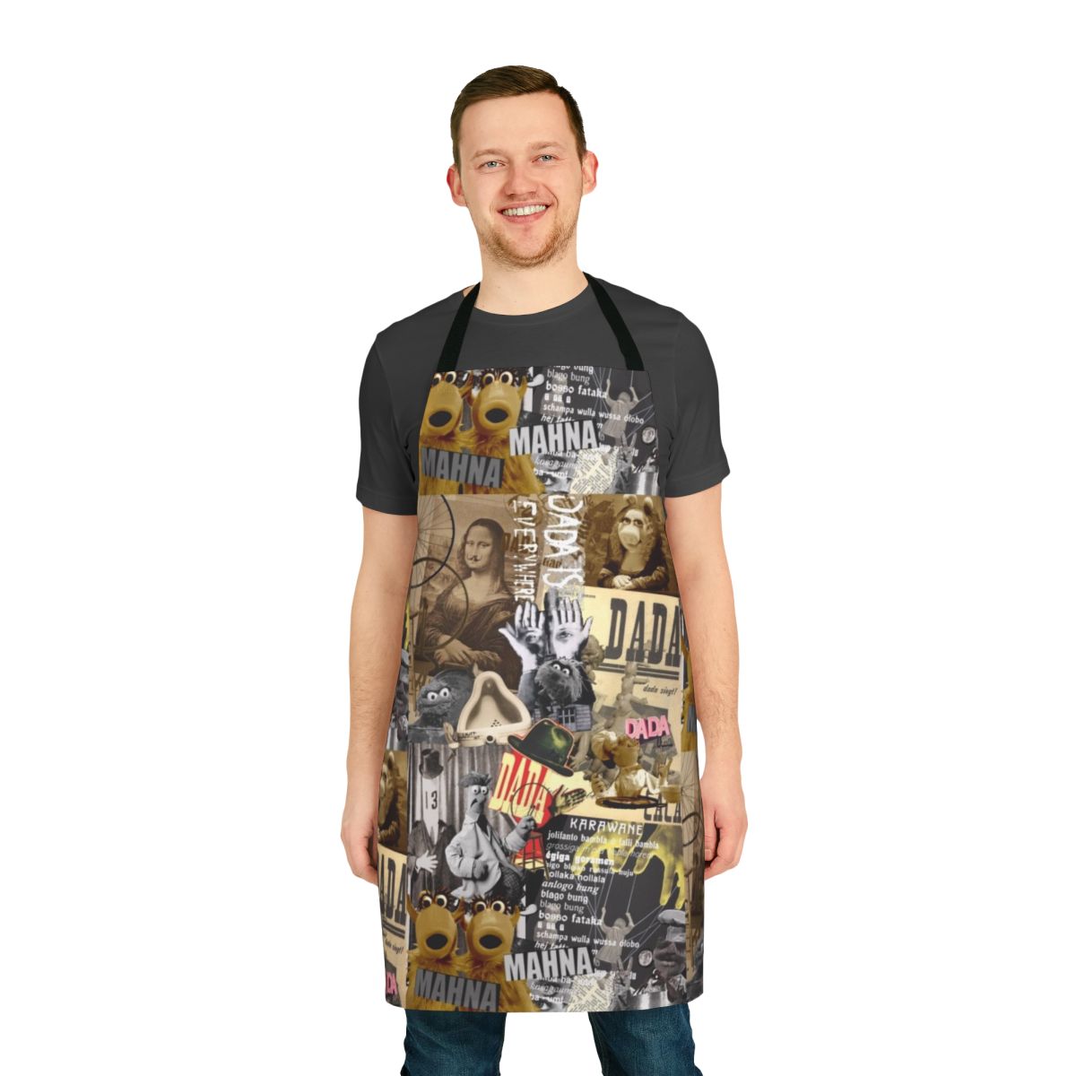 A colorful, avant-garde apron featuring a collage-style design inspired by the Muppets and Dada art movement.