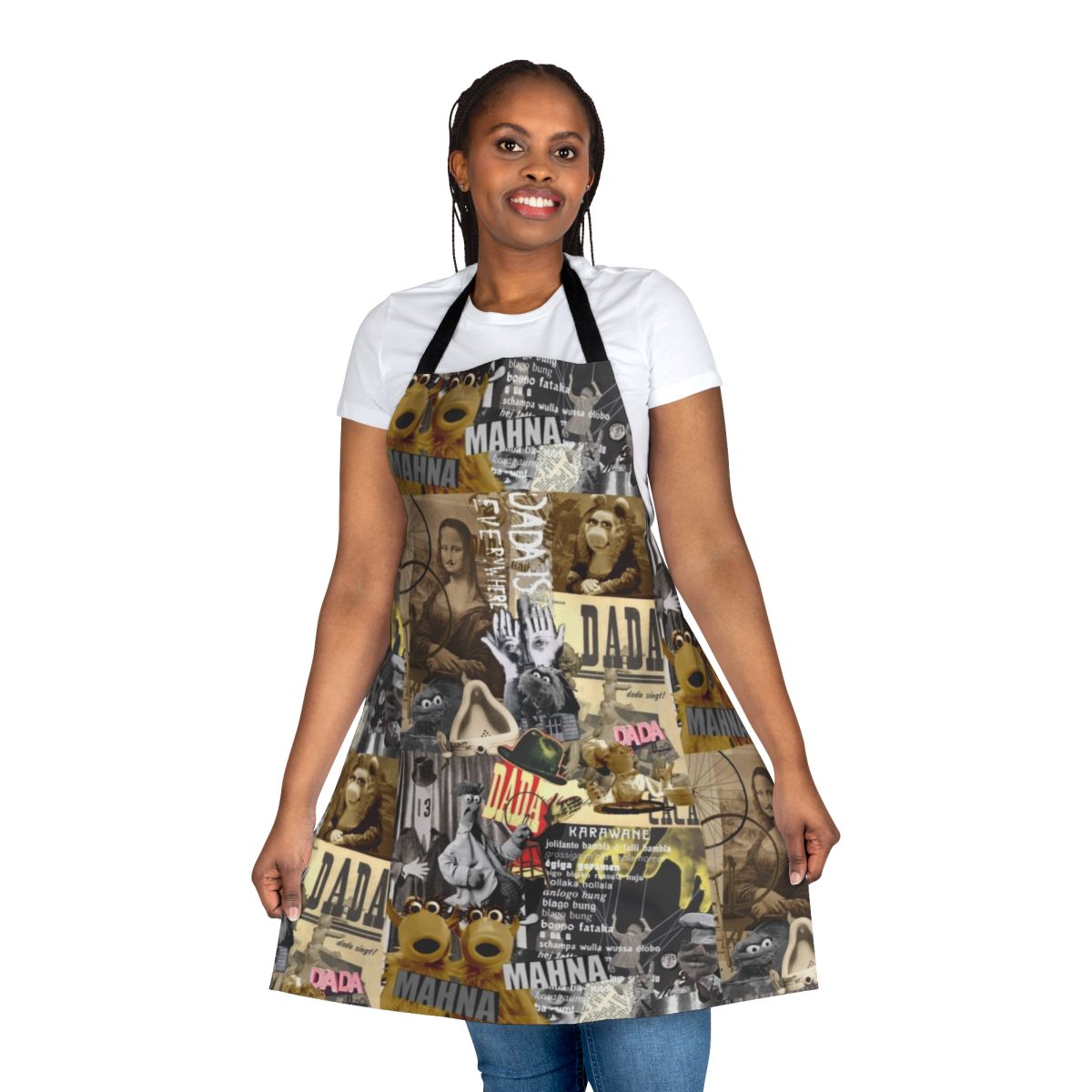 A colorful, avant-garde apron featuring a collage-style design inspired by the Muppets and Dada art movement.