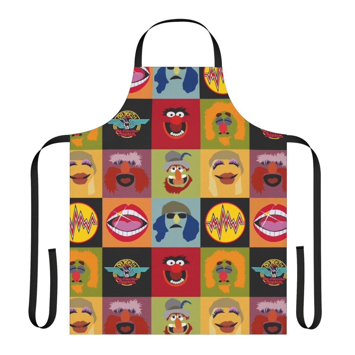 Muppets Electric Mayhem inspired apron featuring cartoon characters like Animal, Miss Piggy, and Kermit the Frog