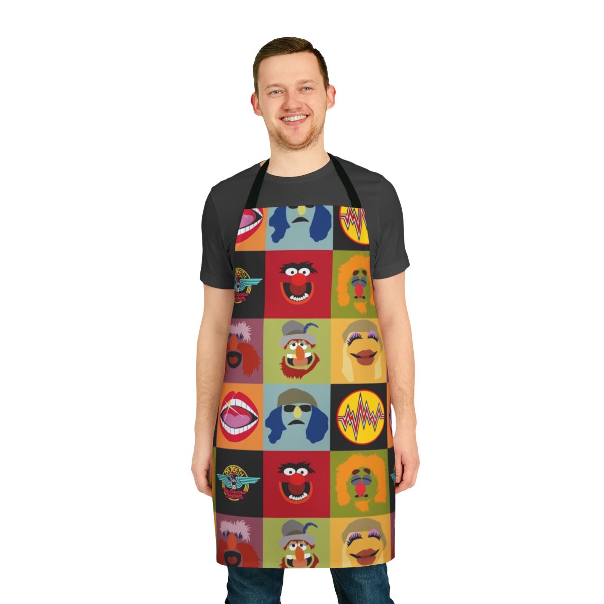 Muppets Electric Mayhem inspired apron featuring cartoon characters like Animal, Miss Piggy, and Kermit the Frog