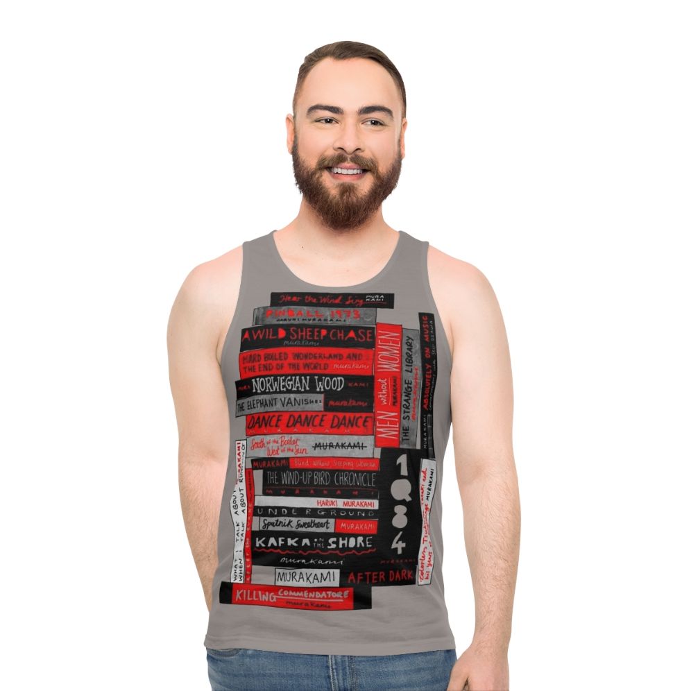 Murakami book stack fanatic unisex tank top