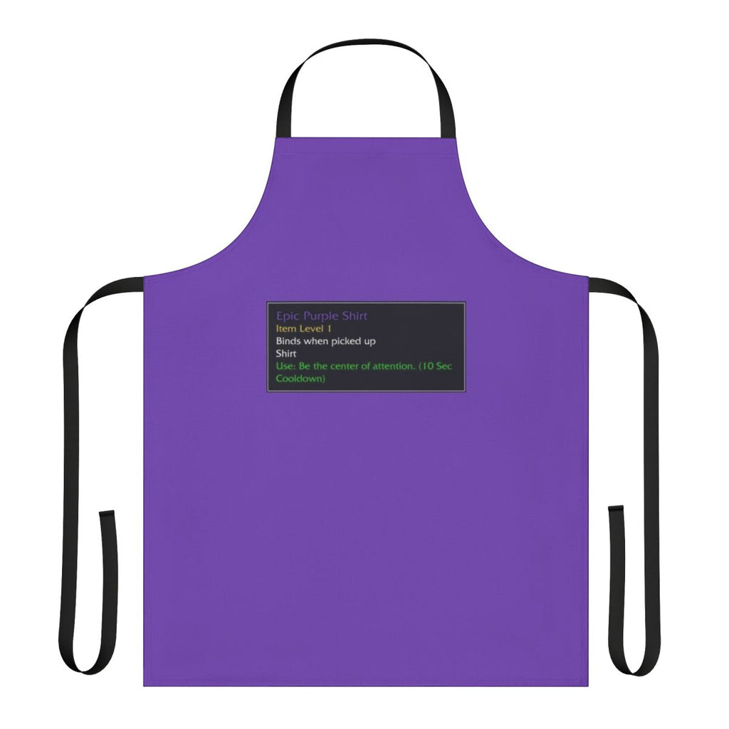 A purple apron with a design inspired by the iconic murloc creatures from the World of Warcraft video game series.