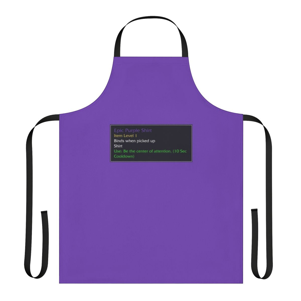A purple apron with a design inspired by the iconic murloc creatures from the World of Warcraft video game series.