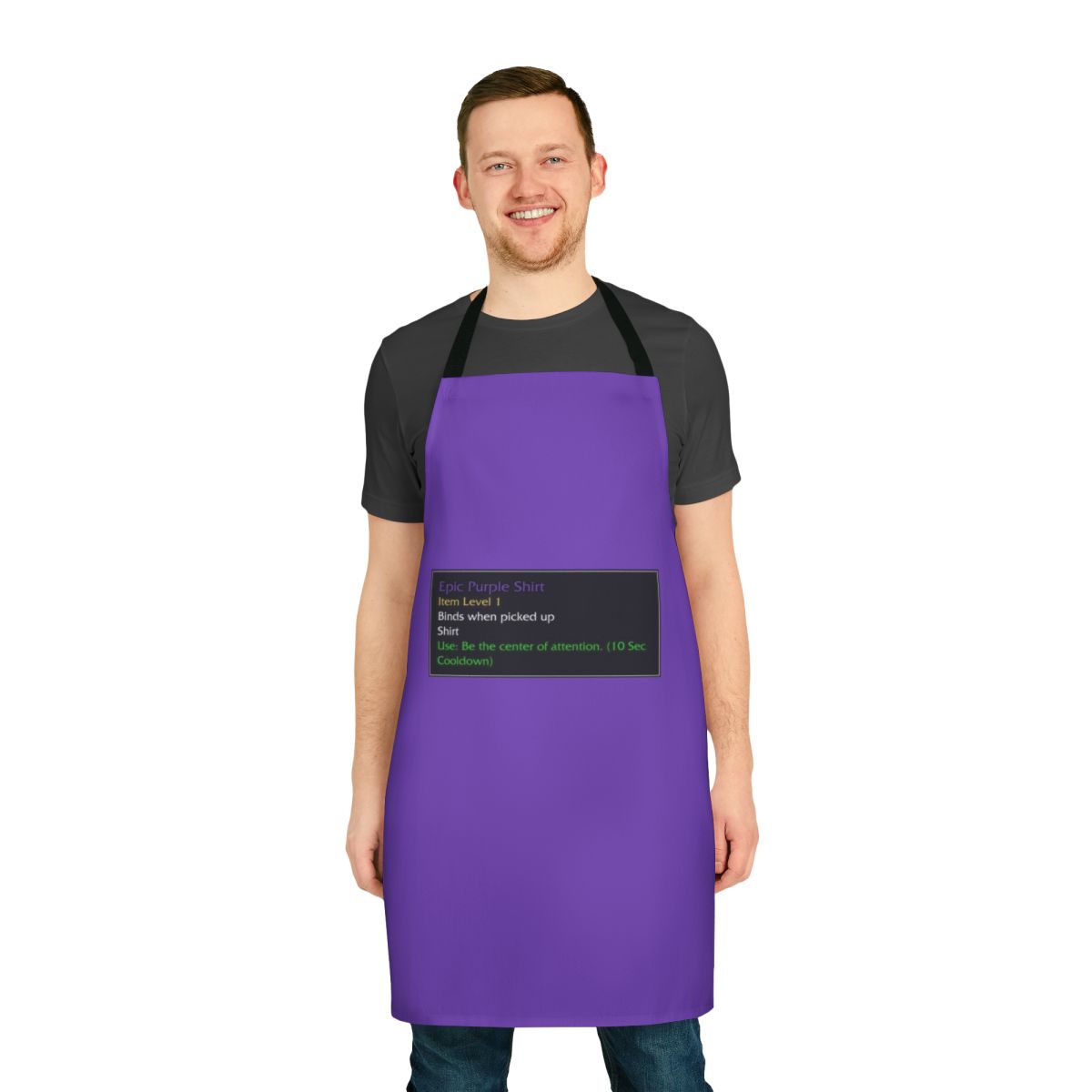 A purple apron with a design inspired by the iconic murloc creatures from the World of Warcraft video game series.
