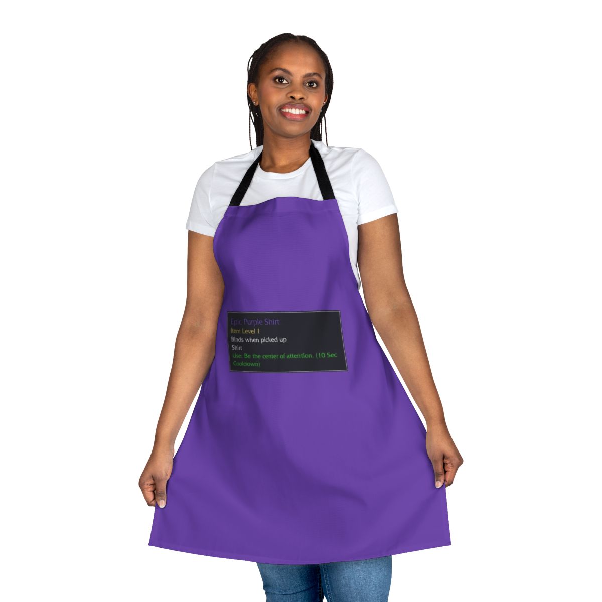A purple apron with a design inspired by the iconic murloc creatures from the World of Warcraft video game series.