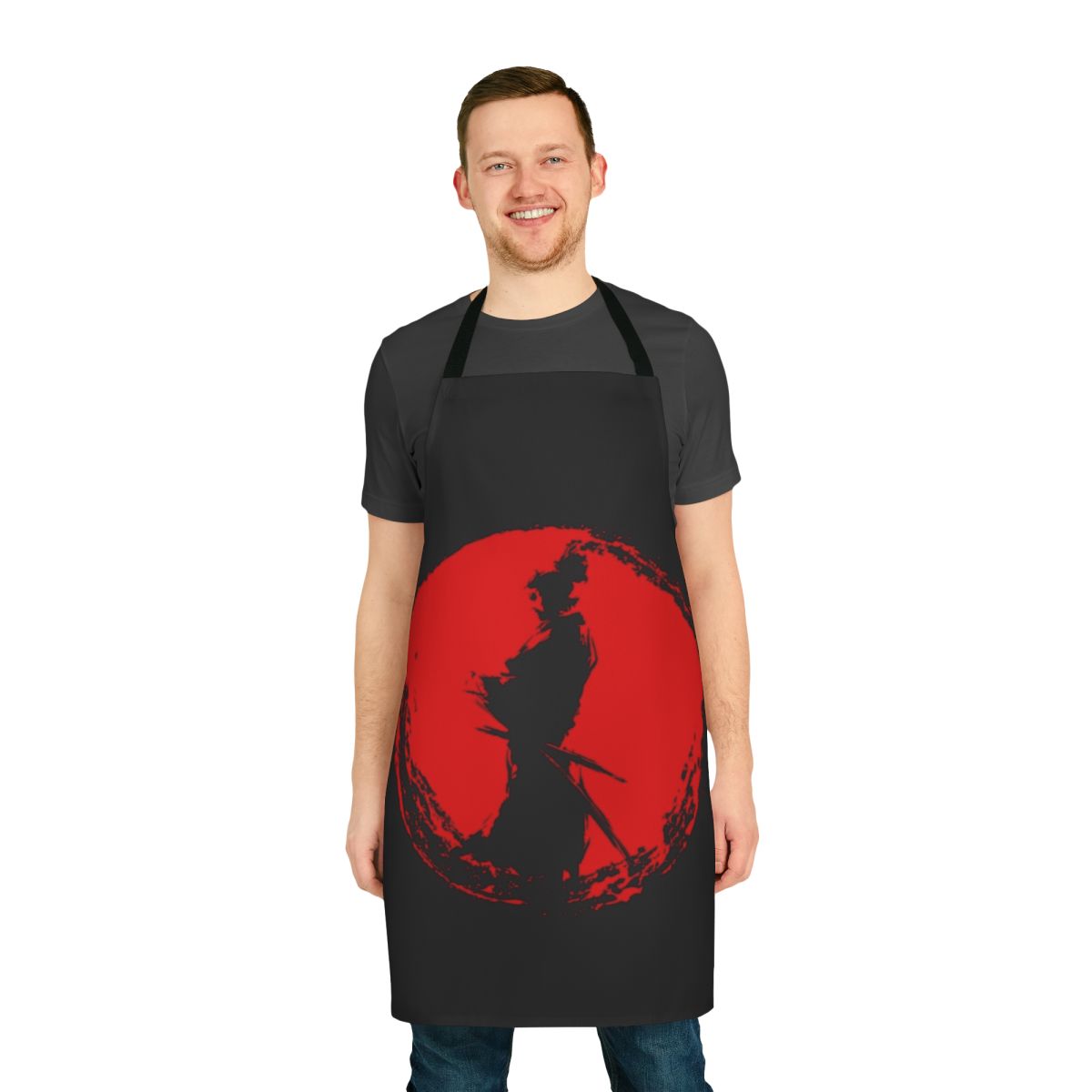 Musashi Miyamoto-themed apron with a bold samurai design