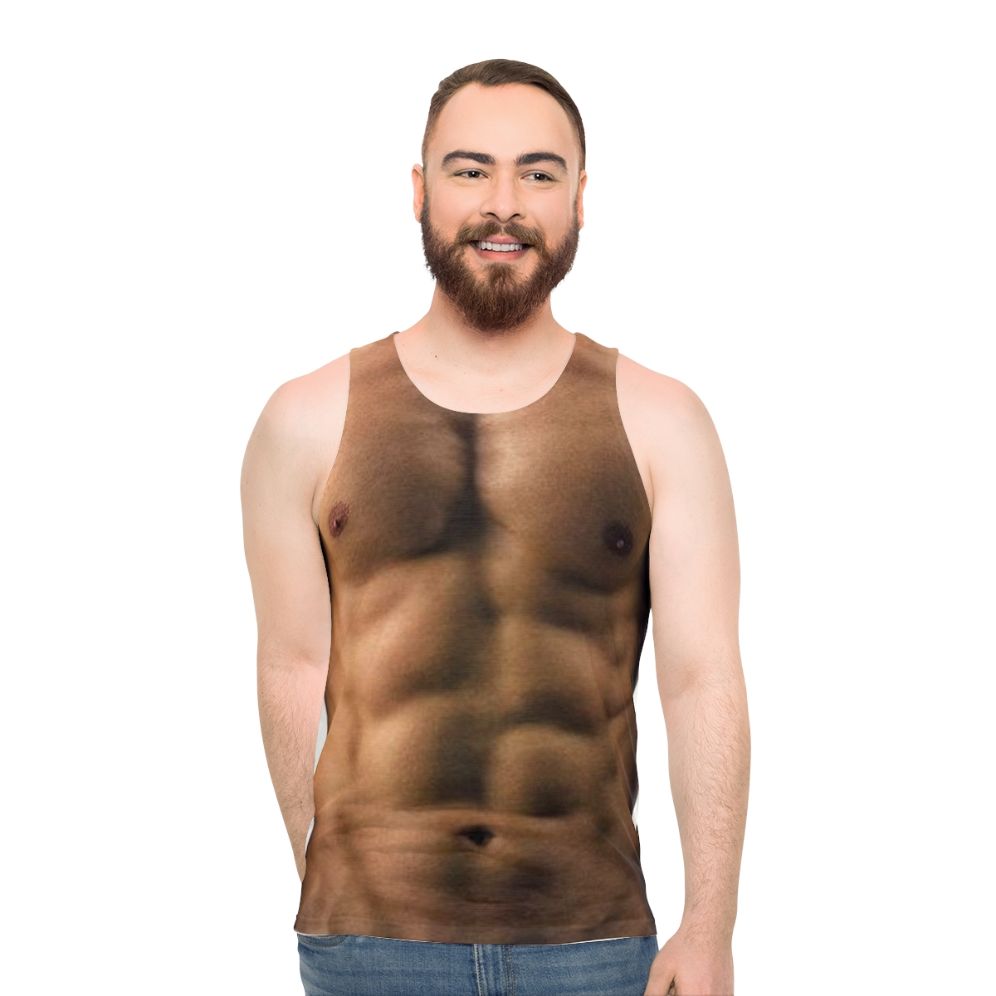 Muscle man with 6 pack abs wearing a bodybuilder fitness tank top