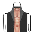 Photograph of a man wearing a novelty apron with a muscular torso design