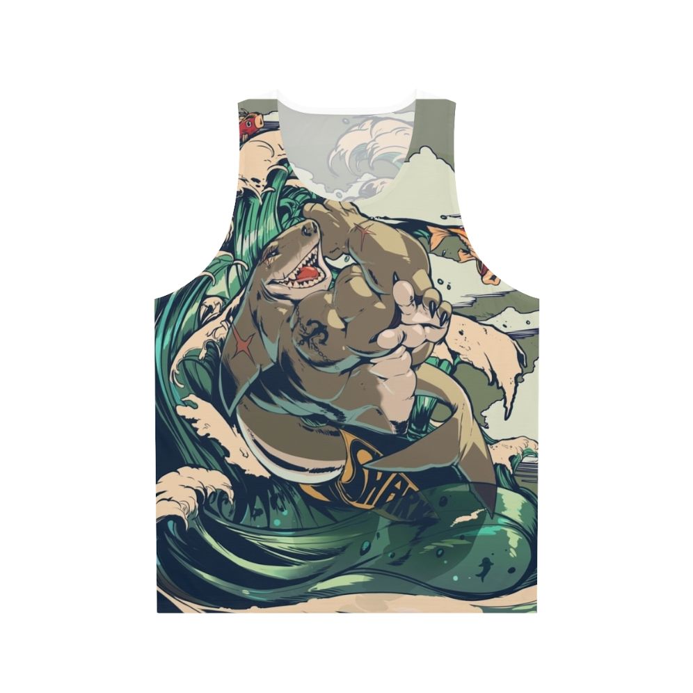 Muscular anthropomorphic shark on unisex tank top