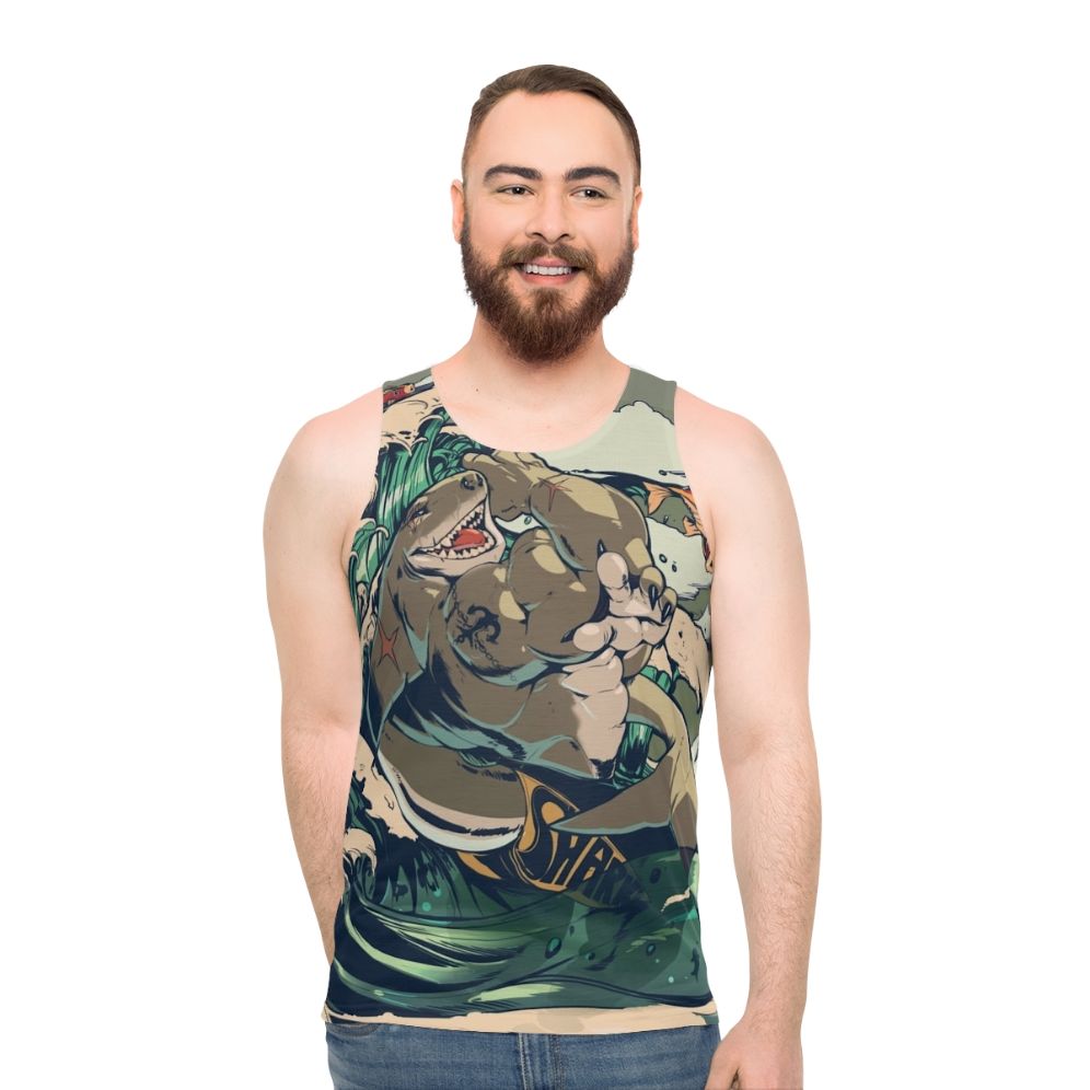Muscular anthropomorphic shark on unisex tank top