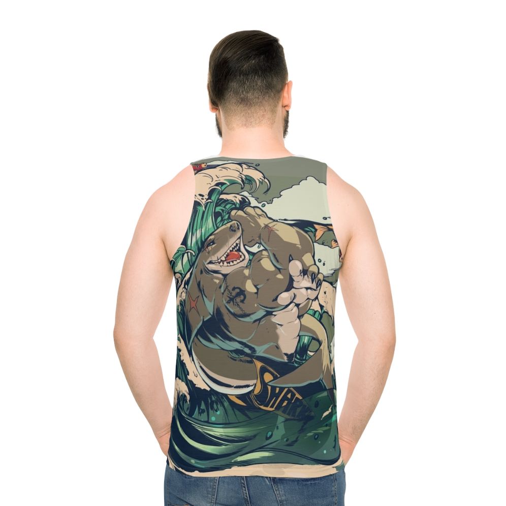 Muscular anthropomorphic shark on unisex tank top