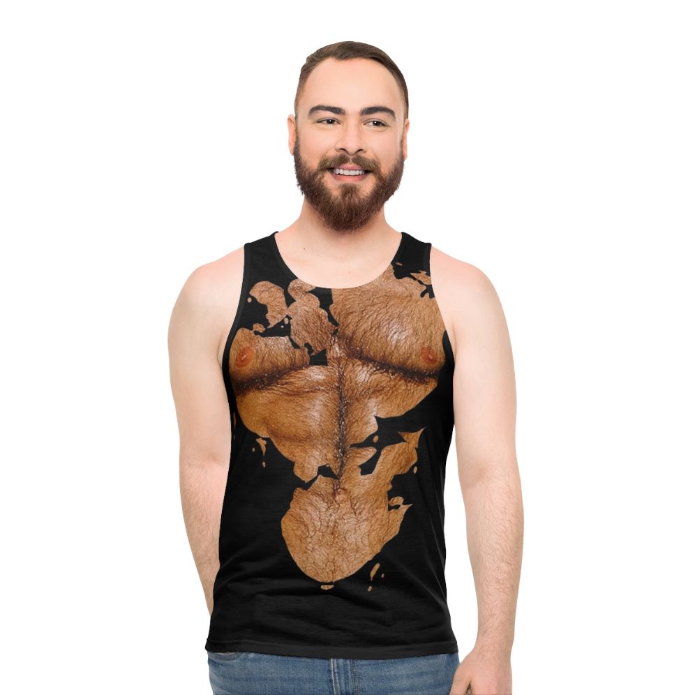 Muscular hairy chest man wearing a unisex fitness tank top