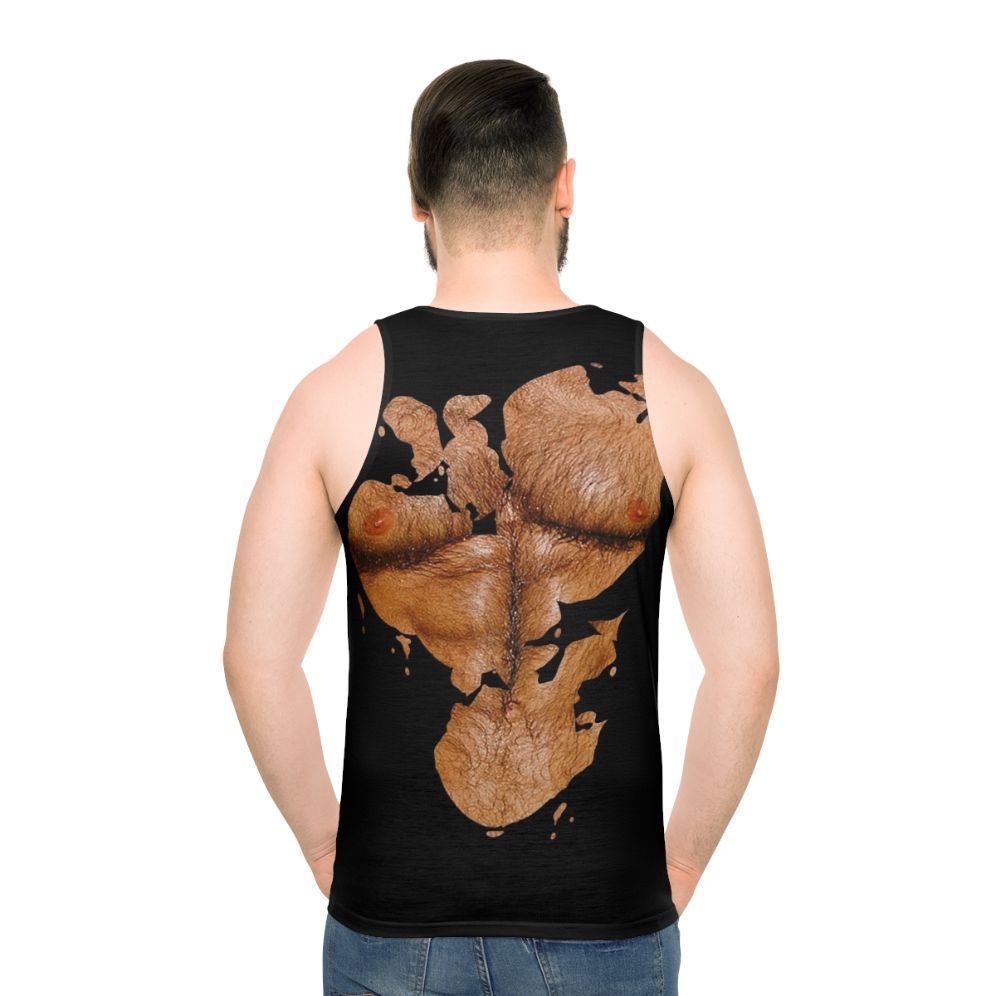 Muscular hairy chest man wearing a unisex fitness tank top
