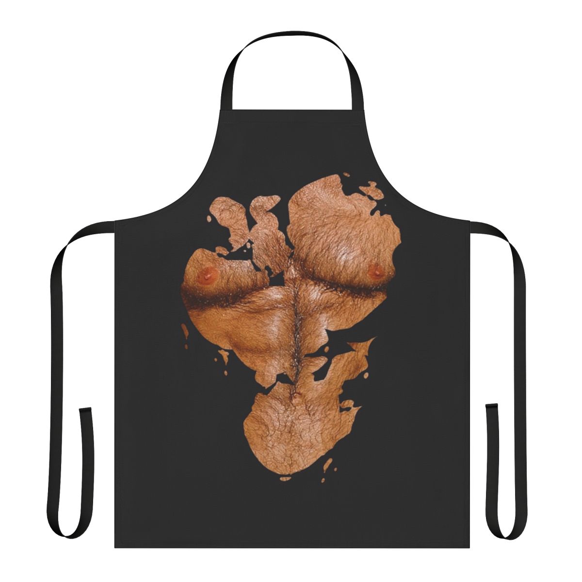 Muscular male with hairy chest and torn shirt design on apron