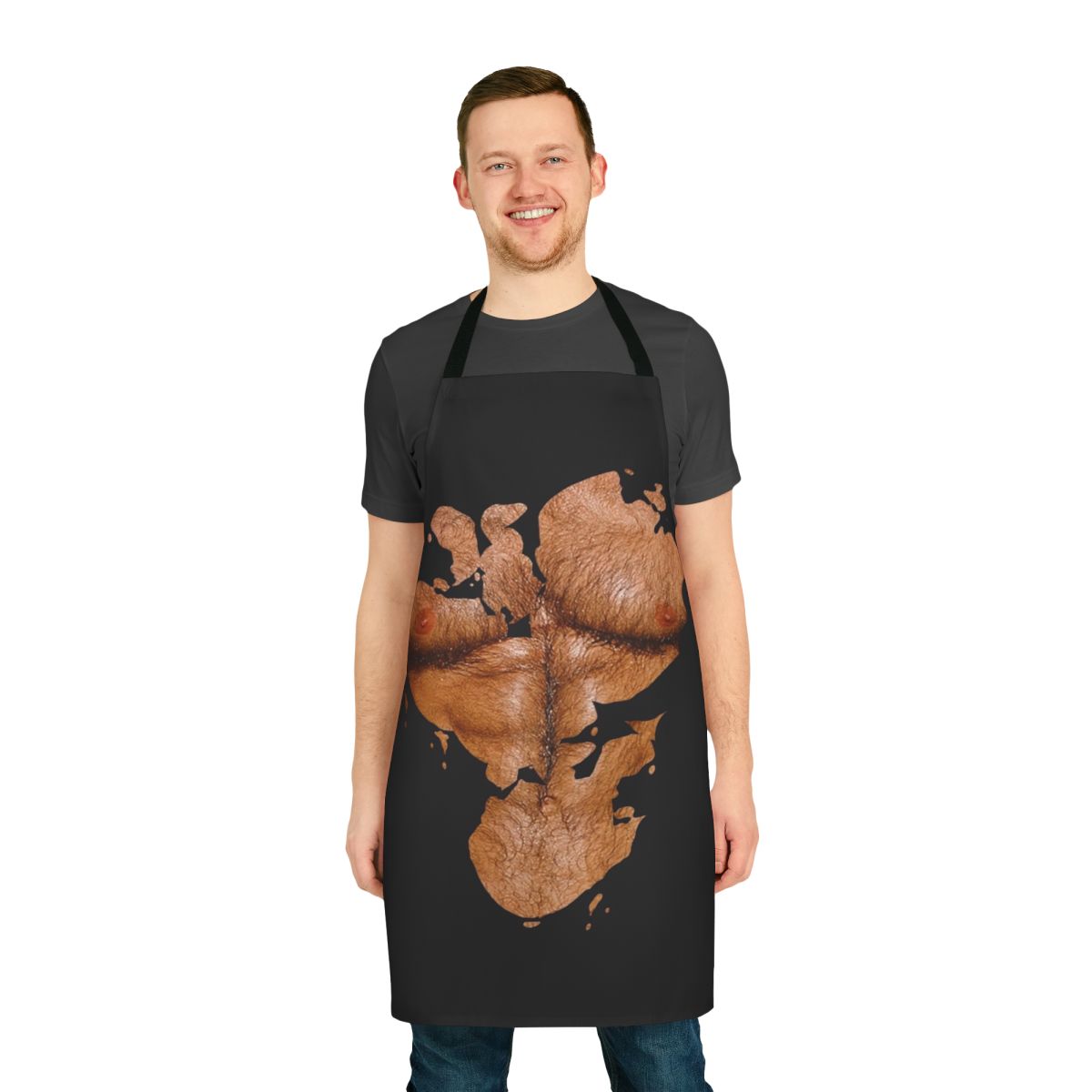 Muscular male with hairy chest and torn shirt design on apron