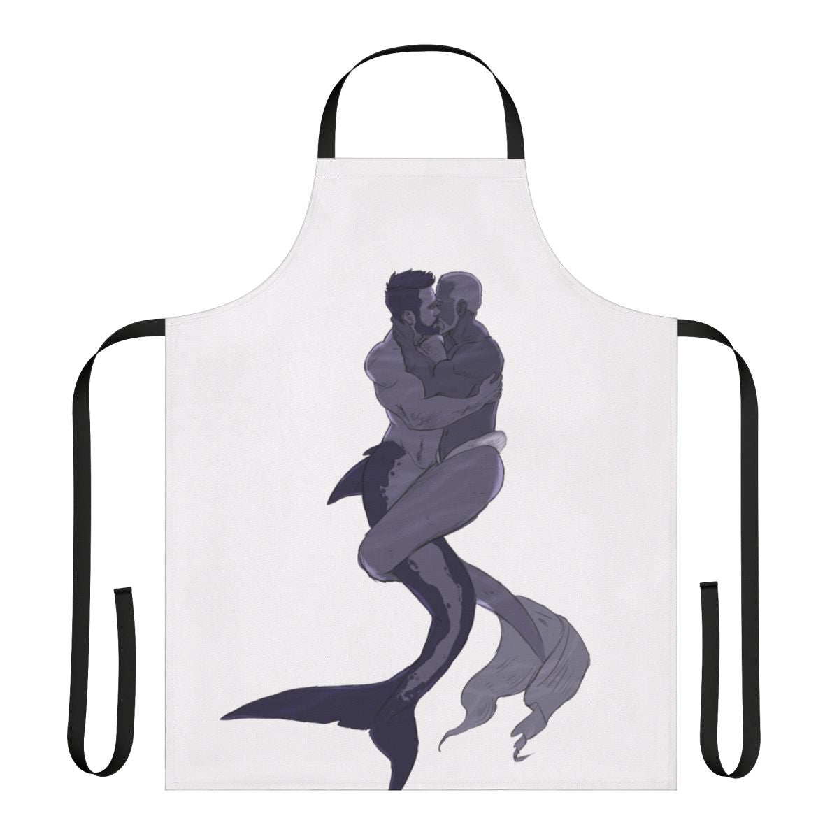 Image of a high-quality apron featuring the design of two muscular mermen in a loving embrace.