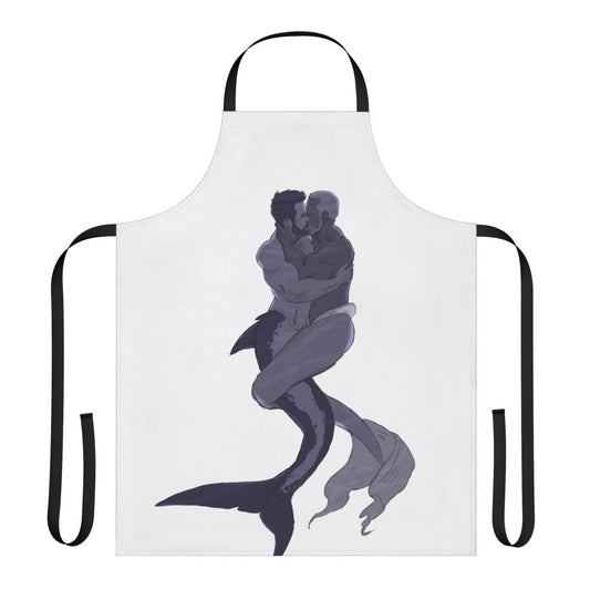 Image of a high-quality apron featuring the design of two muscular mermen in a loving embrace.